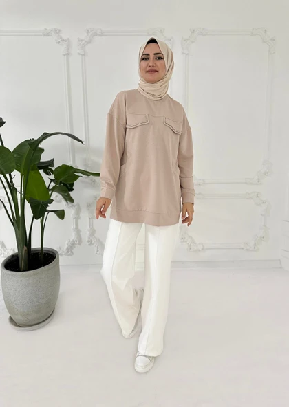 TAŞ DETAYLI CEPLİ SWEATSHIRT ürün görseli 1