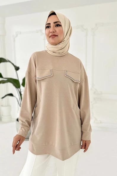 TAŞ DETAYLI CEPLİ SWEATSHIRT - Resim 2