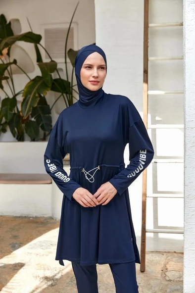 Rozamay 253132 Opal Lacivert Tam Boy Lycralı Dijital Desen Tesettür Mayo ürün görseli 1
