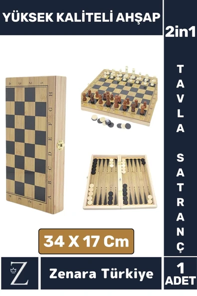 Premium Dayanıklı Ahşap Arkadaş Oyun Hediyelik Ahşap Tavla Satranç 2 in 1 Oyun Seti 34 X 17 Cm ürün görseli 1