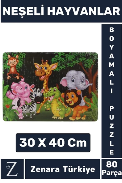 Eğlenceli Eğitici Görsel Algı Motor Becerisi Geliştiren Çocuk Boyamalı PUZZLE 80 Pr NEŞELİ HAYVANLAR ürün görseli 1