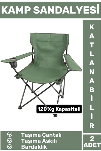 Premium 120 Kg Dayanıklı Çantalı Taşıma Askılı Bardaklık Balık Piknik Sahil Kamp Sandalyesi 2 Adet ürün görseli 1
