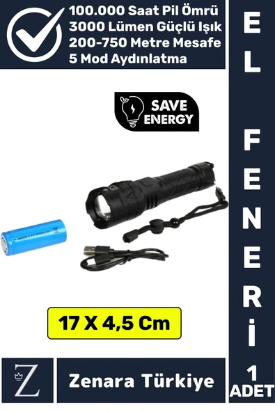 Premium Kamp Avcı Balıkçı Güvenlik Deprem 5 Modlu 3000 Lümen Güçlü Beyaz Işık Şarjlı El Feneri ürün görseli 1