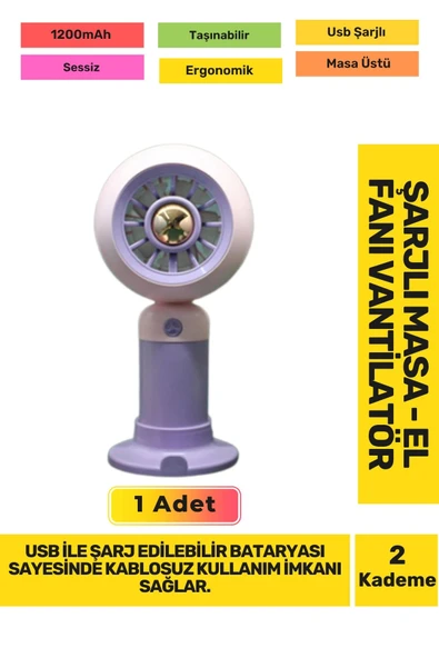 Ultra Sessiz 2 Kademeli Hafif Kablosuz 1200mAh Pervaneli Taşınabilir Usb Şarj Masa El Fan Vantilatör ürün görseli 1