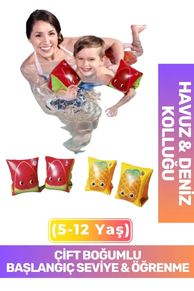 Başlangıç Seviye Çift Boğumlu 5-12 Yaş Çocuk Deniz Havuz Yüzme Öğrenme Meyve Desenli Şişme Kolluğu ürün görseli 1
