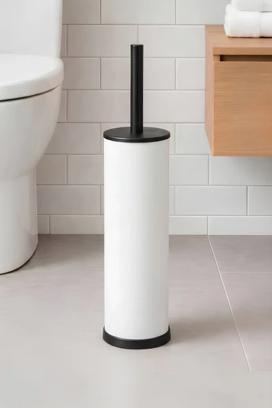 Metal Tuvalet Fırçası - Modern Banyo Klozet Fırça Takımı - Kapaklı Tasarım Titan Beyaz 7000 ürün görseli 1