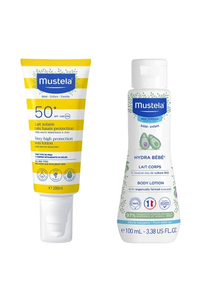 Mustela SPF50+ Çok Yüksek Koruma Faktörlü Güneş Losyonu 200 ml + Hydra Bebe Vücut Losyonu 100 ml ürün görseli 1