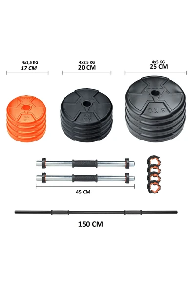 38 Kg Dambıl Halter Seti Turuncu Siyah - Resim 3
