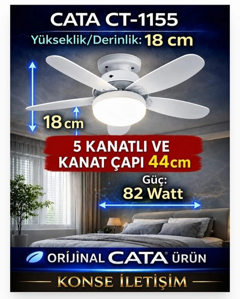 CATA CT-1155 Karayel Fan LED 82 Watt LED Ampul Lamba Beyaz Işık Vantilatör Aydınlatma  3 Renk Dim Edilebilir 5 Kanatlı CT 1155 ürün görseli 1