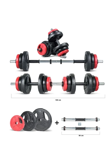 Spor Yıldız Serisi 22 Kg Multifonksiyonel Kırmızı Siyah Halter Seti Ve Dambıl Seti ürün görseli 1
