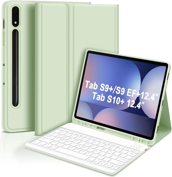Samsung Galaxy Tab S7 Fe Lte T730 T735 T737 Klavyeli Kılıf Bluetooth Bağlantı Kalem Bölmeli Koruyucu  AÇIK YEŞİL ürün görseli 1