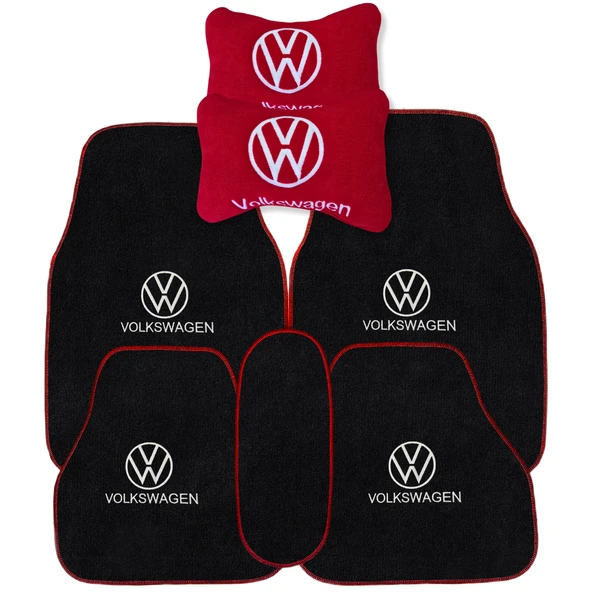 Volkswagen Nakış İşlemeli 5 Parça Araç Oto Halı Paspas Volkswagen Kırmızı Polar Oto Boyun Yastığı ürün görseli 1