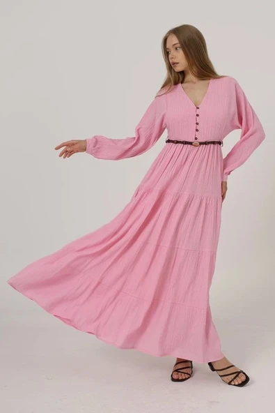 Önü Yarım Düğmeli Uzun Kol Kemerli Elbise - Pembe ürün görseli 1