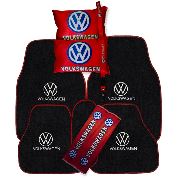 Volkswagen Nakışlı Oto Halı Paspas Volkswagen Dijital Baskılı Kırmızı Yastık & Emniyet Kemer Pedi ürün görseli 1
