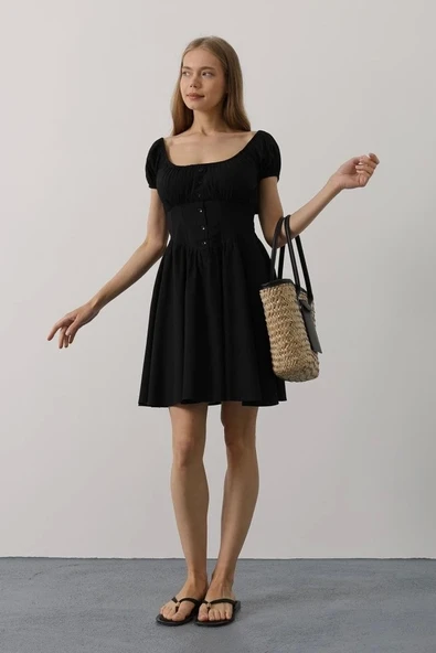 Beli Korseli Mini Elbise - Siyah - Resim 3