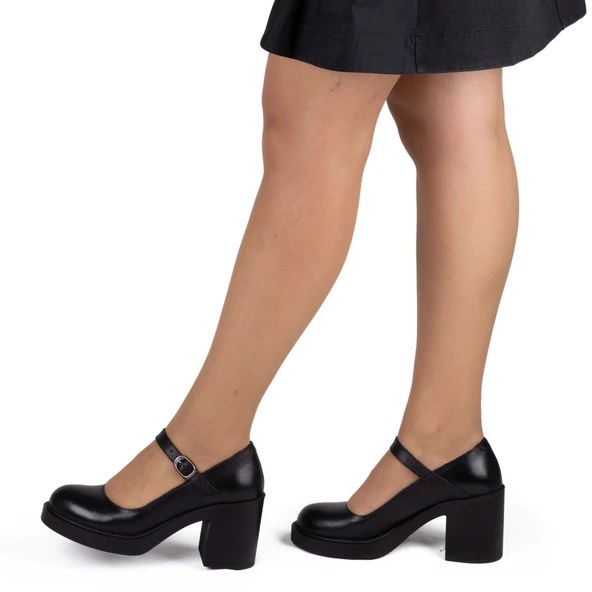 Kadın Hakiki Deri Kalın Topuklu Bantlı Günlük Ayakkabı / Mary Jane Shoes ürün görseli 1