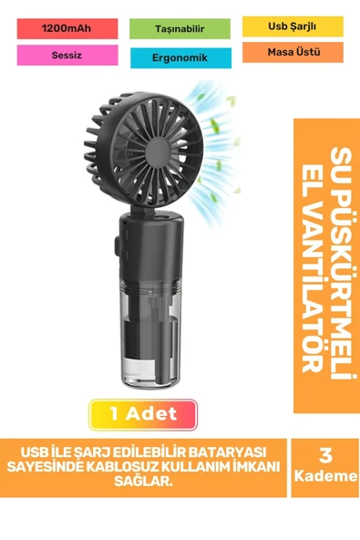 Su Püskürtmeli Ultra Sessiz 3 Kademeli Hafif Kablosuz Taşınabilir Usb Şarjlı Masa El Fanı Vantilatör ürün görseli 1