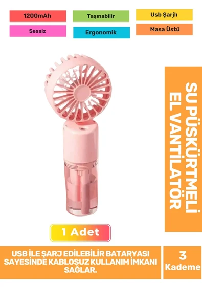 Su Püskürtmeli Ultra Sessiz 3 Kademeli Hafif Kablosuz Taşınabilir Usb Şarjlı Masa El Fanı Vantilatör ürün görseli 1