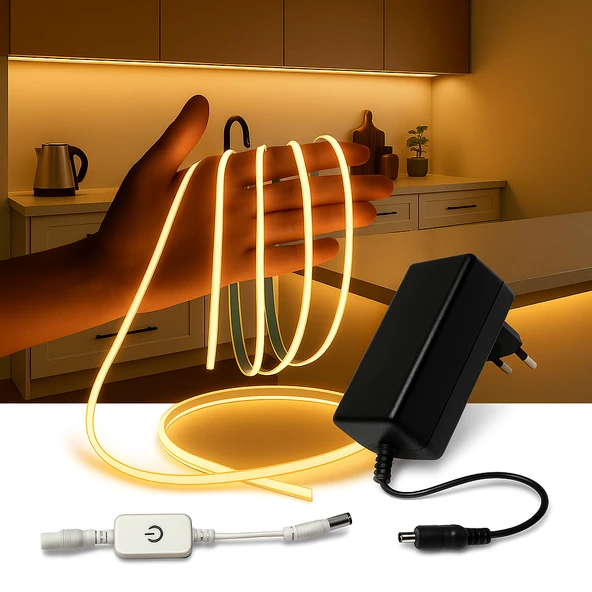 COB LED Şerit 5m 12V Beyaz Işık 320LED/m 8mm IP20 Adaptör ve Dokunmatik Tuş Dahil Yapışkanlı Aydınlatma Hortumu ürün görseli 1