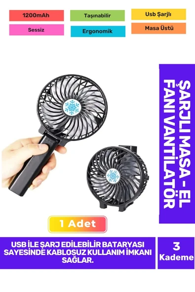 Ultra Sessiz 3 Kademeli Hafif Kablosuz 1200mAh Pervaneli Taşınabilir Usb ŞarjlMasa El Fan Vantilatör ürün görseli 1