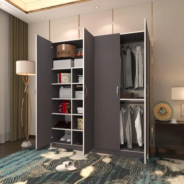 Kenzlife gardırop 4 kapılı kaktüs 180*160*52 gri XLARGE kapaklı gardolap dolap ürün görseli 1