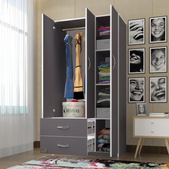Kenzlife gardırop 3 kapılı 2 çekmeceli fesleğen 180*120*52 gri XLARGE kapaklı gardolap dolap ürün görseli 1