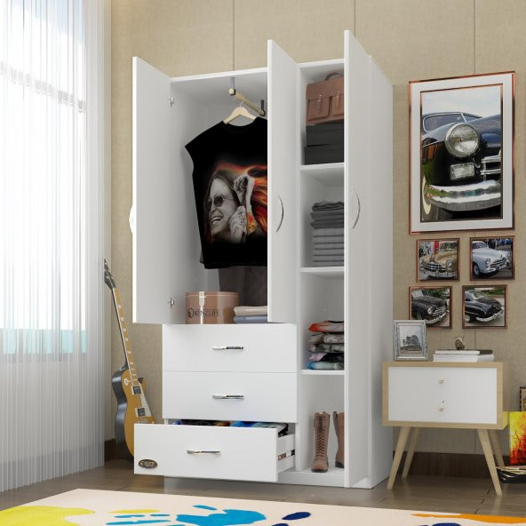 Kenzlife gardırop 3 kapılı 3 çekmeceli civanperçemi 180*120*52 byz XLARGE kapaklı gardolap dolap ürün görseli 1