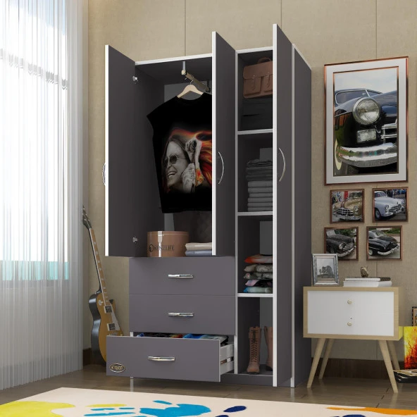 Kenzlife gardırop 3 kapılı 3 çekmeceli civanperçemi 180*120*52 gri XLARGE kapaklı gardolap dolap ürün görseli 1