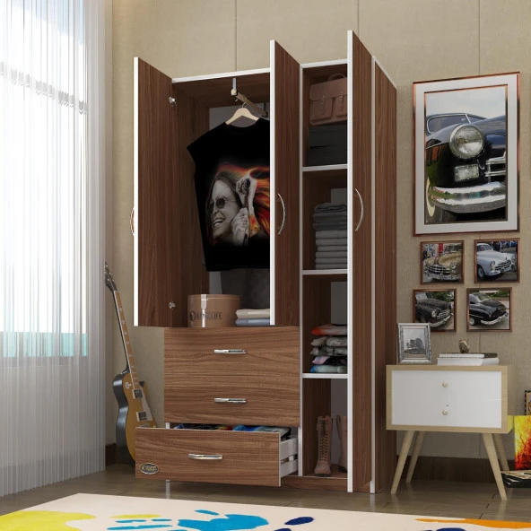 Kenzlife gardırop 3 kapılı 3 çekmeceli civanperçemi 180*120*52 cvz XLARGE kapaklı gardolap dolap ürün görseli 1