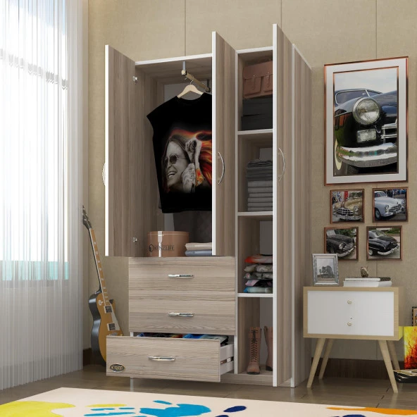 Kenzlife gardırop 3 kapılı 3 çekmeceli civanperçemi 180*120*52 crd XLARGE kapaklı gardolap dolap ürün görseli 1