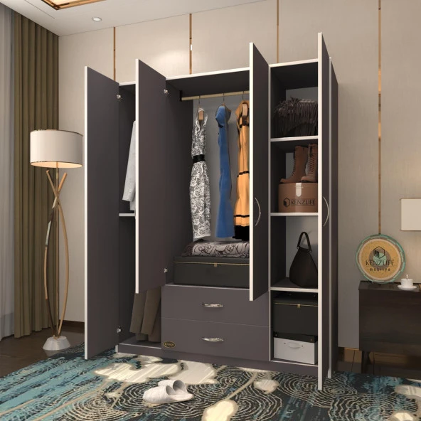 Kenzlife gardırop 4 kapılı 2 çekmeceli deligül 180*160*52 gri XLARGE kapaklı gardolap dolap ürün görseli 1