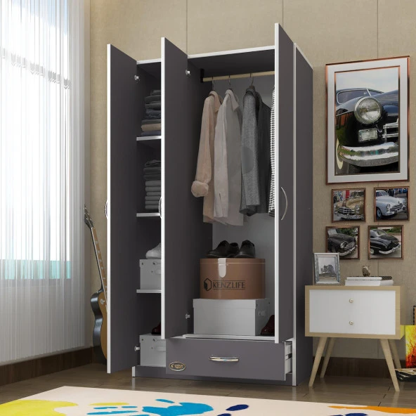 Kenzlife gardırop 3 kapılı 1 çekmeceli hanımeli 180*120*52 gri XLARGE kapaklı gardolap dolap ürün görseli 1