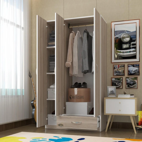 Kenzlife gardırop 3 kapılı 1 çekmeceli hanımeli 180*120*52 crd XLARGE kapaklı gardolap dolap ürün görseli 1