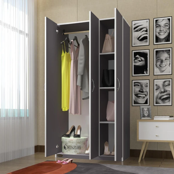 Kenzlife gardırop 3 kapılı ballıbaba 180*120*52 gri XLARGE kapaklı gardolap dolap ürün görseli 1
