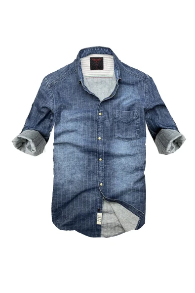 Slim Fit Saf Pamuk Denim Kumaş Kot Gömlek--laci Çizki Eskitme- ürün görseli 1