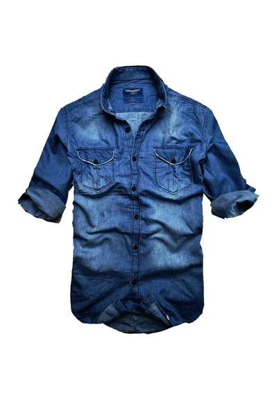 Slim Fit Saf Pamuk Denim Kumaş Kot Gömlek- -koyu Mavi-- ürün görseli 1