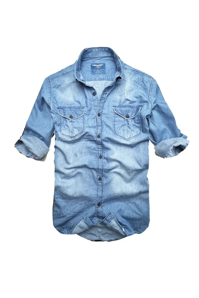 Slim Fit Saf Pamuk Denim Kumaş Kot Gömlek--çiftcep Mavi-- ürün görseli 1