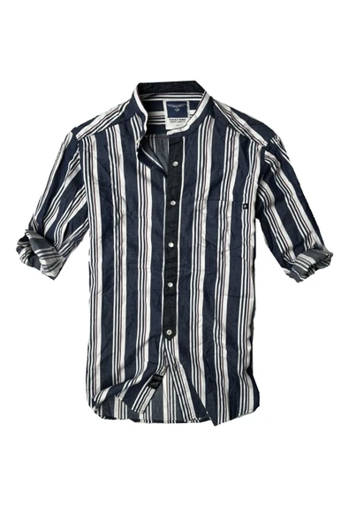 Slim Fit %100 Pamuk Kumaş Hakim Yaka Uzun Kol Gömlek--laci Çizgili-- ürün görseli 1