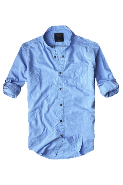 Slim Fit %100 Pamuk Kumaş Hakim Yaka Uzun Kol Gömlek--açık Düz Mavi-- ürün görseli 1