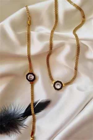 316L Çelik Gold Renk Ezme Zincir Zirkon Taşlı Mineli Serenay Kolye Bileklik Set ürün görseli 1