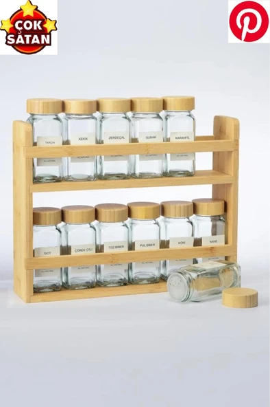 Pinterest Bambu Standlı Bambu Kapaklı 25 Parça Tezgah Üstü Baharatlık Etiketli ürün görseli 1