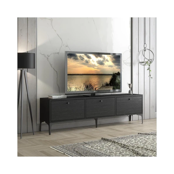 Wood'n Love Etna Premium Metal Ayaklı Dolaplı 160 Cm Tv Ünitesi - Wood Siyah / Siyah ürün görseli 1