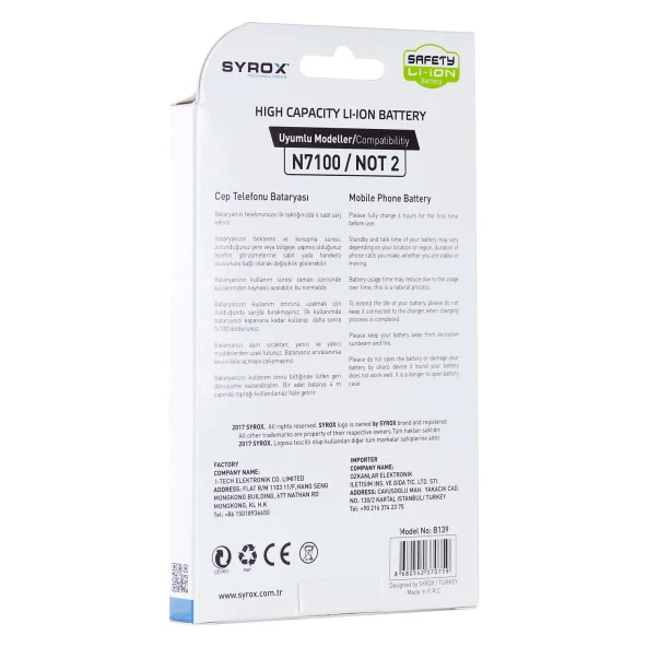 Syrox Samsung Note 2 / N7100 Batarya B139 - Resim 4