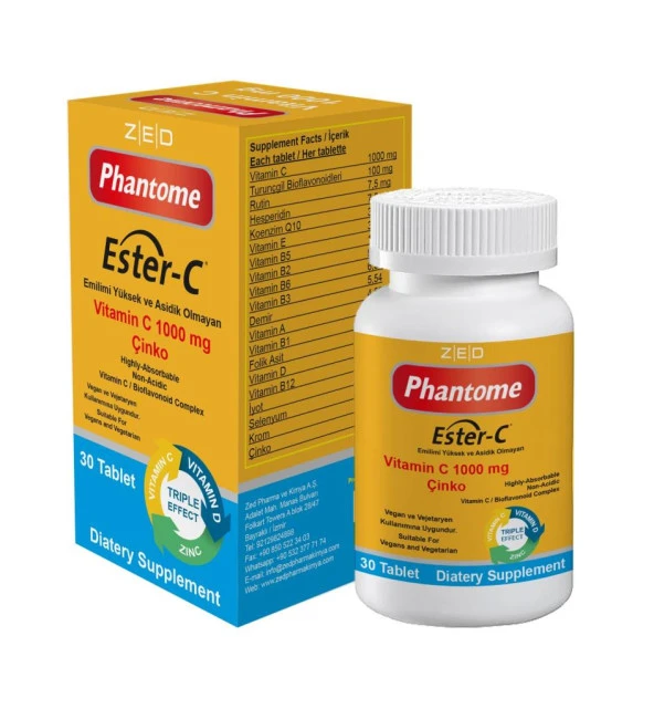 PHANTOME ESTER-C ViTAMİN C 1000 MG ,ÇİNKO ,D VİTAMİNİ ,MULTİVİTAMİN COMPLEX 30 TABLET ürün görseli 1