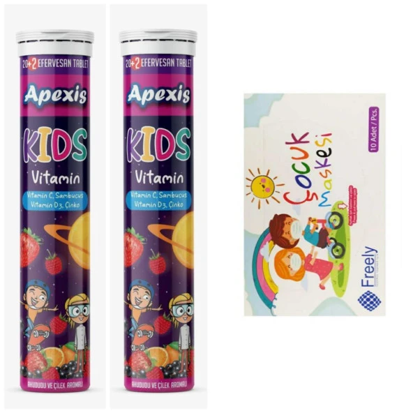 APEXİS KİDS SAMBUCUS+C VİTAMİNİ+D3 ViTAMİNİ+ÇİNKO EFERVESAN TB 2 ADET(HEDİYE 10 ADET ÇOCUK MASKE) ürün görseli 1