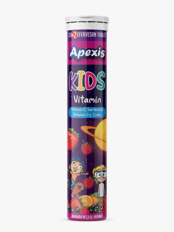 APEXİS KİDS VİTAMİN ,SAMBUCUS, VİTAMİN C, VİTAMiN D3, ÇİNKO 20+2 EFERVESAN TABLET ürün görseli 1
