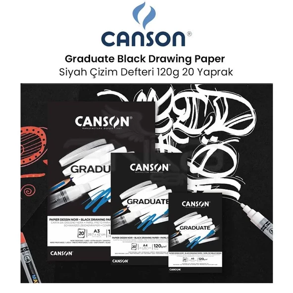 Canson Graduate Black Drawing Paper Siyah Çizim Defteri 120g 20 Yaprak ürün görseli 1