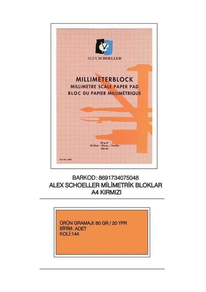 Alex Schoeller Millimetrik Blok A4 20 Yaprak 80 gr Kırmızı ürün görseli 1