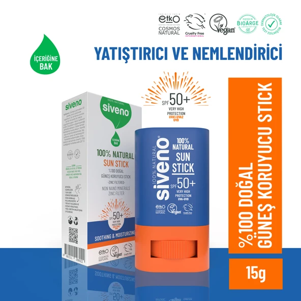 Siveno %100 Doğal Yüz Güneş Koruyucu Stick Renkli Mineral Filtre Nemlendirici UVA UVB SPF50+ 15 gr ürün görseli 1