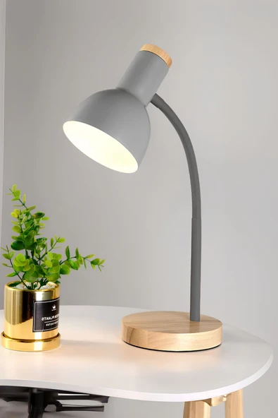 USB LED Masa Lambası Gri Ahşap Tabanlı Modern Dekoratif, Şık Esnek Boyunlu Ofis ve Çalışma Lambası ürün görseli 1